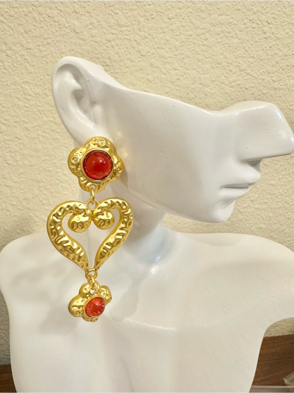 Gold-Plated Heart Drop Earrings with Red Cabochon